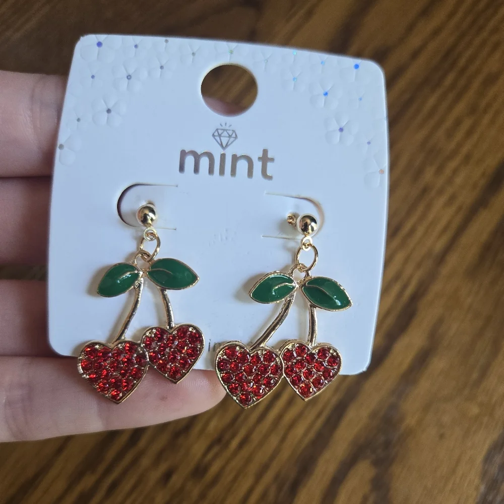 Mint Cherry Heart Earrings